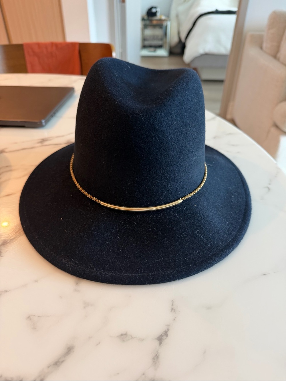 Womens Eugenia Kim Navy Blue Felt Fedora Hat with Gold Chain Trim